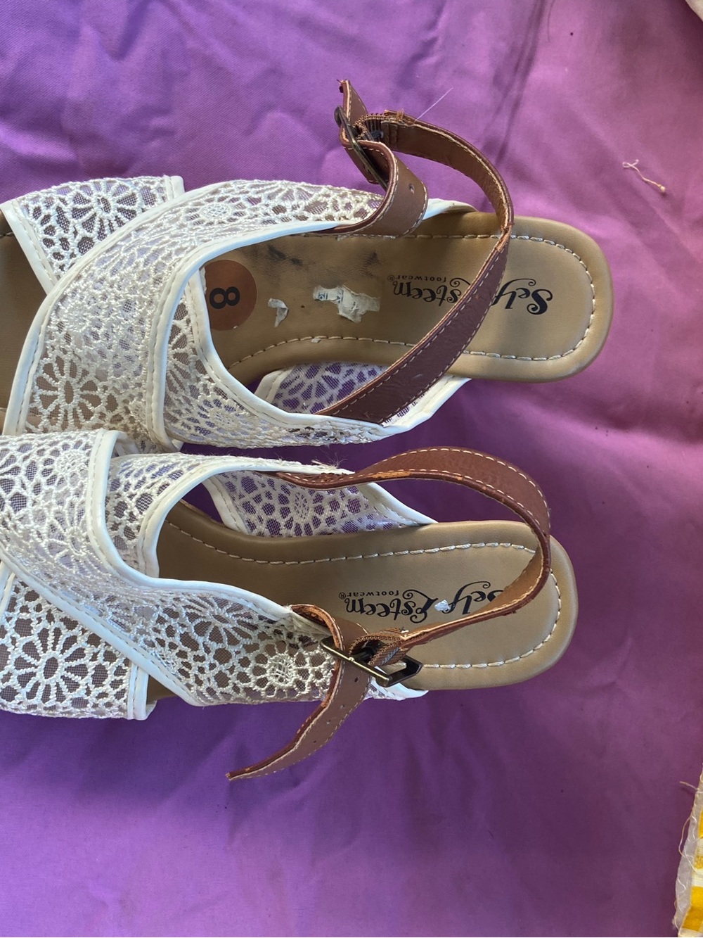 Self Esteem White Lace Slingback Sandals with Brown Straps